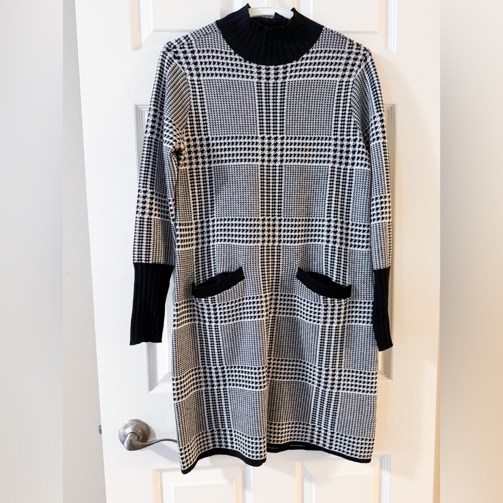 Tribal Jeans Black White Plaid Mock Neck Sweater Dress Women’s Size XS